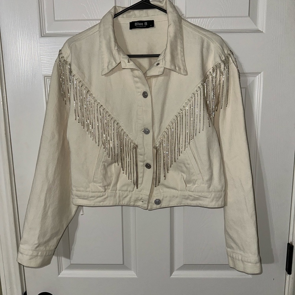 Blue B Cream Jean Jacket with Fringe